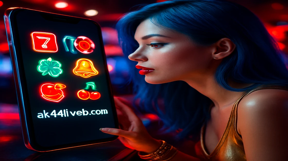 AK44 Live অনলাইন গেমিং প্ল্যাটফর্মটি মোবাইল স্ক্রিনে একটি প্রাণবন্ত, নীল চুলের অ্যানিমেটেড চরিত্রকে স্পর্শ করতে দেখায়, এবং সে বহু রঙিন গেমের মধ্যে থেকে একটি নির্বাচন করছে।